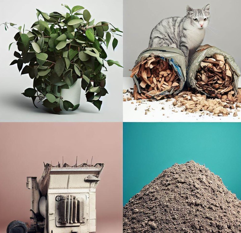 obrazek podzielony na cztery części z kotem, rośliną, metalem i ziemią