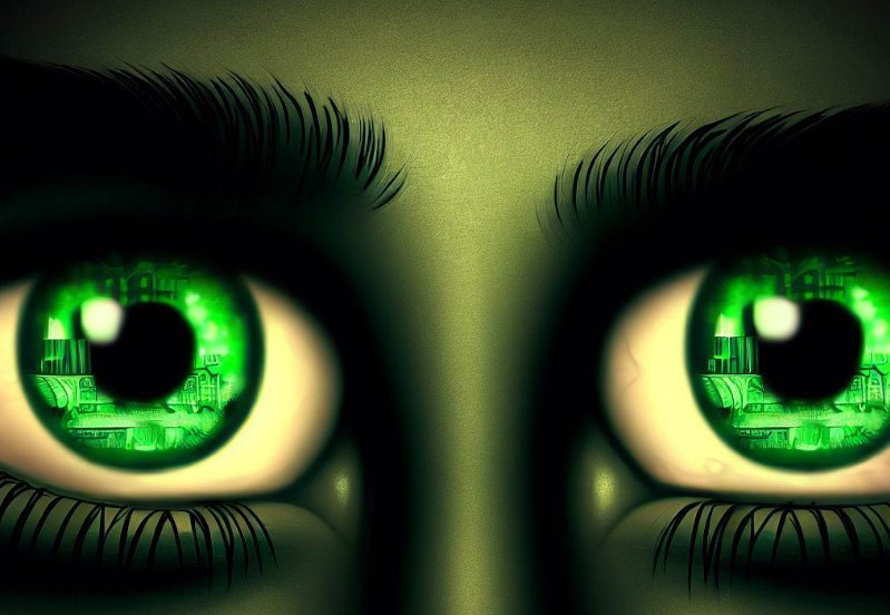 zielone oczy w których widać zarys fabryki