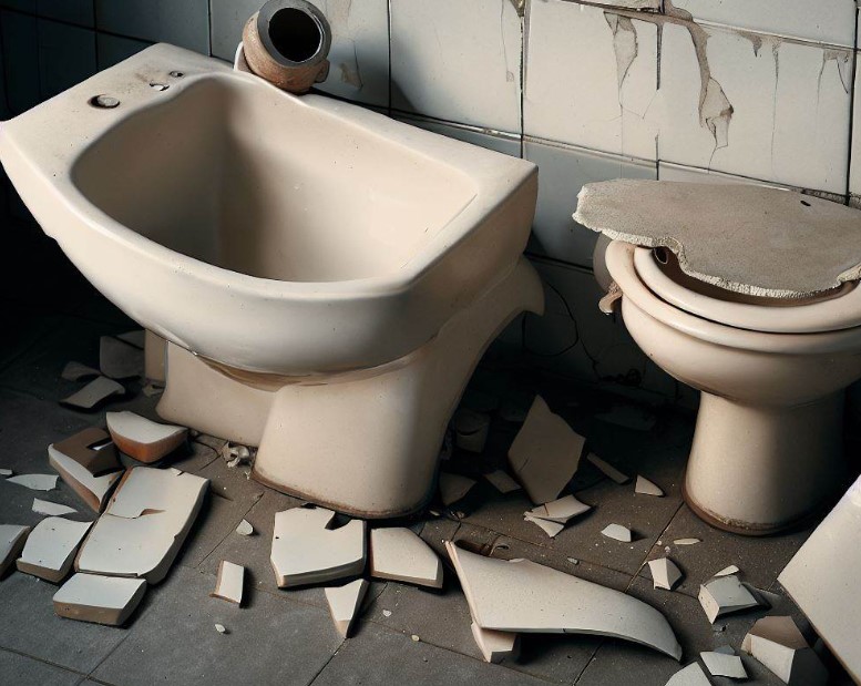 zniszczone elementy ceramiczne w łazience