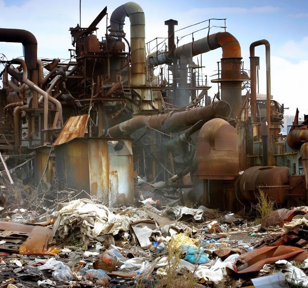 zniszczony zakład przemysłowy i odpady