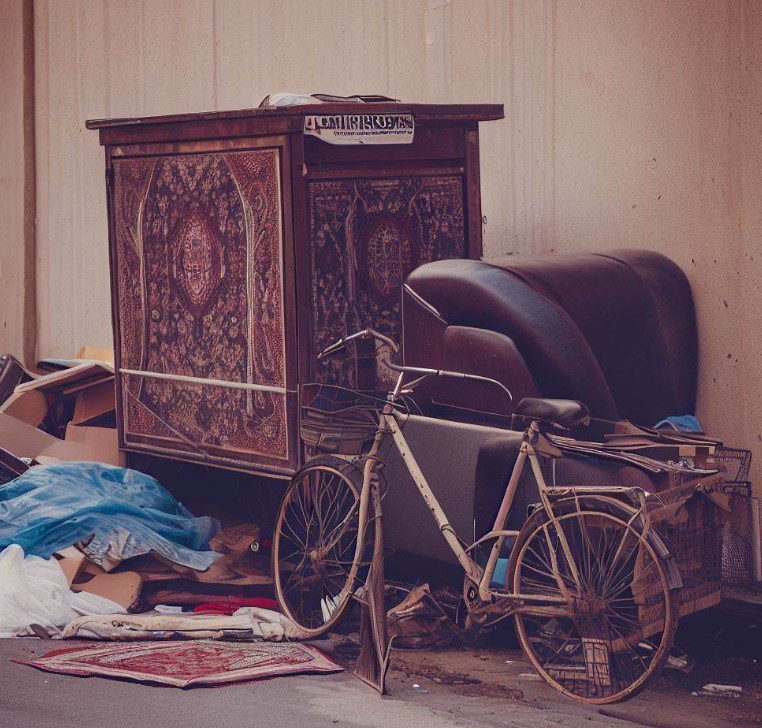 stara szafa, kredens i rower wystawione do wywozu