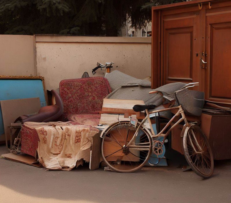 stare meble, rowery i szafy stojące przy śmietniku